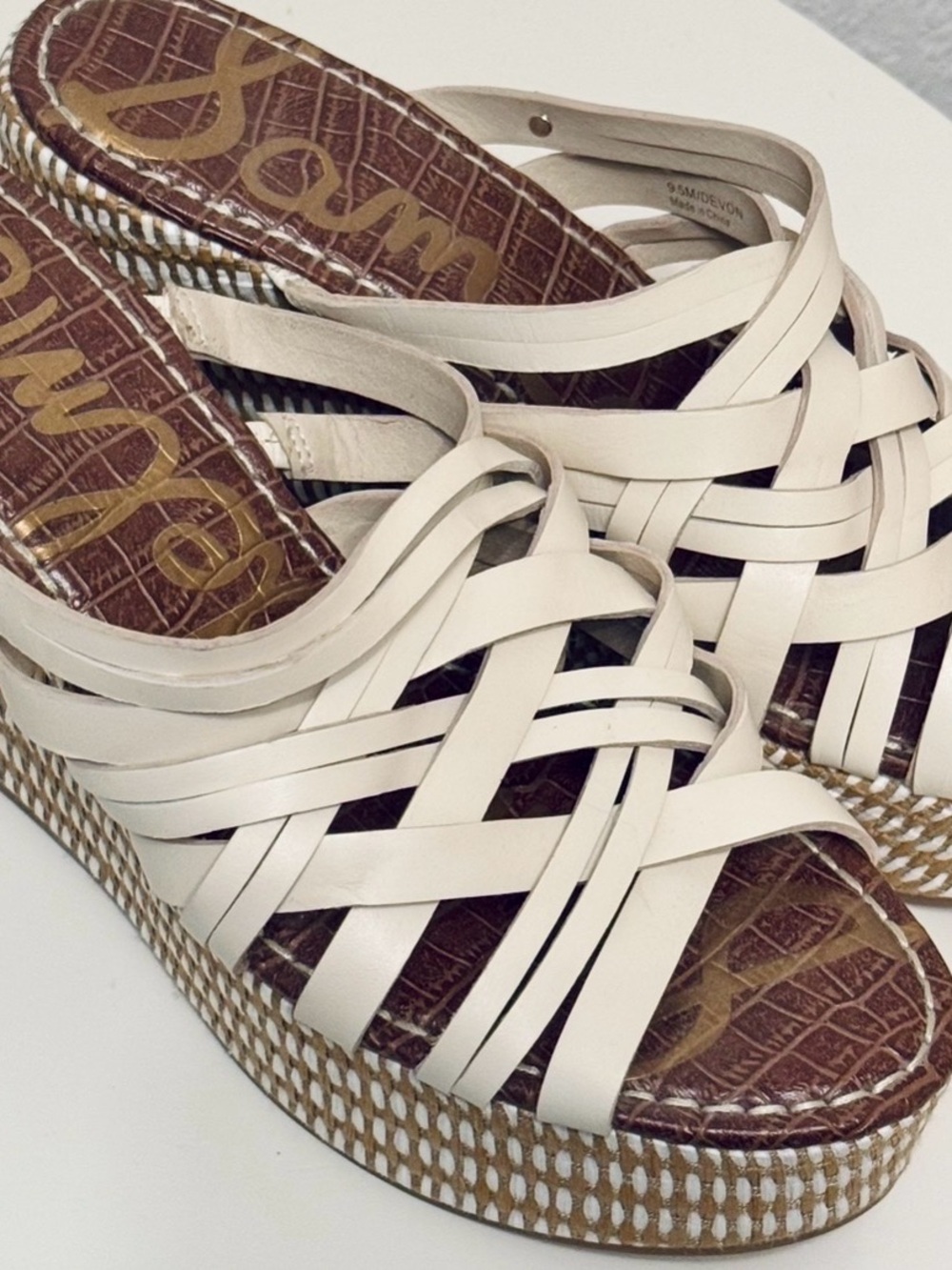 Sam Edelman Devon Wedge Sandals 9.5 Cream Strappy Woven Platform Like New